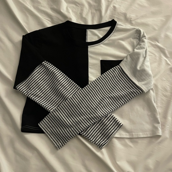 Cropped black and white split long sleeve t shirt - Picture 2 of 3